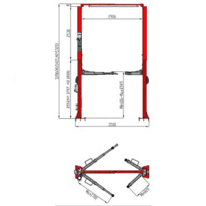 technical drawing of the dimensions of the Redmount 5500kg over head gantry style two post vehicle lift