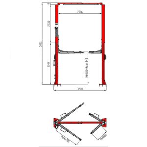 technical drawing of the dimensions of the Redmount 5500kg over head gantry style two post vehicle lift