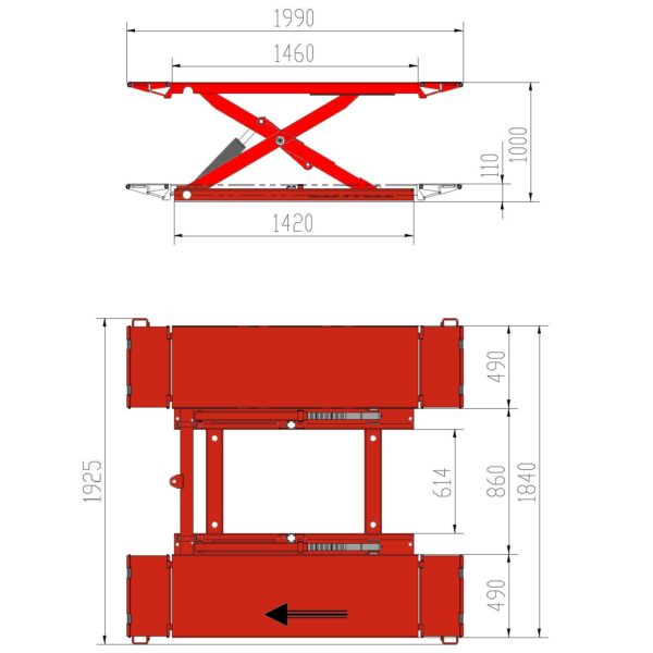 technical drawing of the Redmount Mid-rise Scissor lift